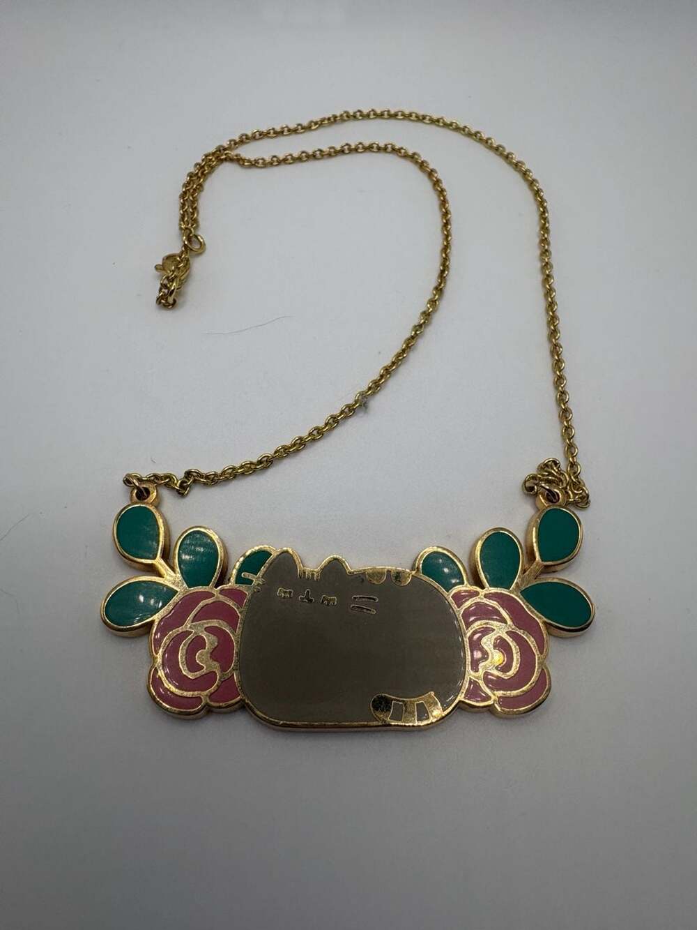 Pusheen Cat Enamel Roses Gold Tone Statement Necklace